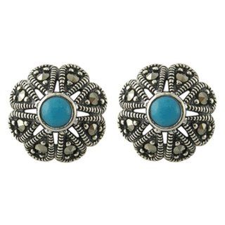 925 Sterling Silver Earrings Marcasite Turquoise: Jewelry