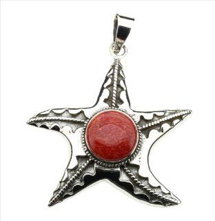 Red Coral & 925 Sterling Silver Starfish Pendant: Jewelry