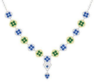 European Style Necklace by Lucia Costin with Green and Blue Swarovski Crystals, Decorated with Triangle Shaped Filigree Details and Fancy Charms; .925 Sterling Silver with 24K Yellow Gold over .925 Sterling Silver Lucia Costin Jewelry