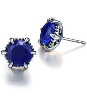 Stainless Steel Vintage Claw W. Blue Round Cubic Zirconia CZ Stud Earrings   G1005jz4: Jewelry
