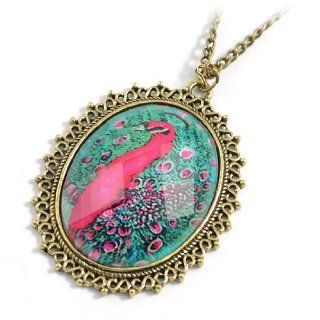 Women Peacock Inlaid Oval Shaped Pendant Bronze Tone Necklace: Jewelry
