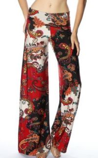 Pinkclubwear Silky Paisley Print High Fold Over Waist Wide Leg Palazzo Pants Red Small at  Womens Clothing store