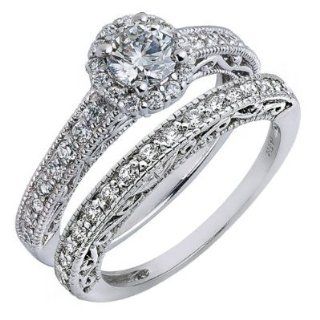 Bridal Set Natural Round Diamond Engagement Ring Wedding Band Vintage Style 14k White Gold (1.28 Cttw, VS 2 Clarity, F Color) Jewelry