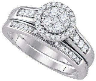 14k White Gold Round Diamond Cluster Halo Womens Bridal Wedding Engagement Ring Anniversary Band Set: Jewelry