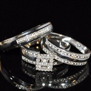 Wedding Ring Sets 0.23CTW DIA FASHION TRIO SET 925 rhodium plated silver: Jewelry