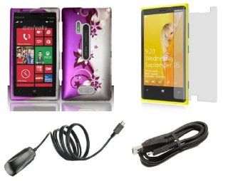 Nokia Lumia 928   Accessory Combo Kit   Purple and Silver Vines Design Shield Case + Atom LED Keychain Light + Screen Protector + Micro USB Cable + Wall Charger Cell Phones & Accessories