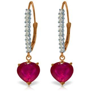 14k Rose Gold Diamond Leverback Earrings with Ruby Heart: Jewelry