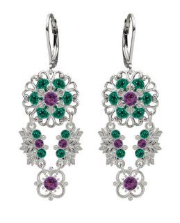 Handmade in USA Floral Chandelier Earrings Designed by Lucia Costin with Filigree and Leaf Ornaments, Embellished with 4 Petal Flowers, Emerald Green and Violet Swarovski Crystals; .925 Sterling Silver: Lucia Costin: Jewelry