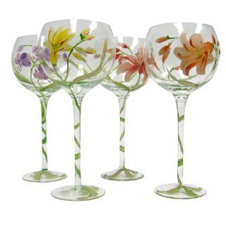 Block Crystal Tropical Lilies Balloon Wine Glasses, Set of 4: Kitchen & Dining