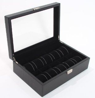 Black Carbon Fiber Pattern Faux Leather Watch Jewelry Display Case with Key Lock 10 Watch Storage Box: Watches