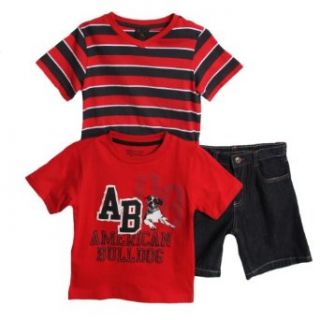 American Bulldog Kid Boys 3 Piece Red Navy Striped Shirt Denim Jean Shorts Set: Clothing