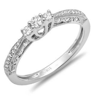 0.33 Carat (ctw) Dainty 10k White Gold Round Diamond 3 Stone Ladies Promise Bridal Engagement Ring 1/3 CT: Jewelry