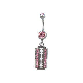 Pink CZ Razor Blade Dangling Belly Button Navel Ring: Body Piercing Rings: Jewelry