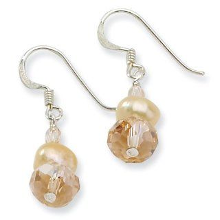 Sterling Silver Peach Crystal/freshwater Cultured Pearl Earrings, Best Quality Free Gift Box Satisfaction Guaranteed Jewelry