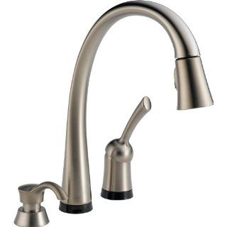 Delta 980T SSSD DST Pilar Single Handle Pull Down Kitchen Faucet with Touch2O Technology and Soap Dispenser, Stainless   Touch On Kitchen Sink Faucets  