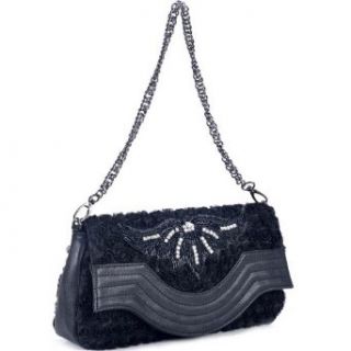 Fashion Mini Rosette Shoulder Bag/ Clutch With Beaded Design Faux Leather Black Clothing