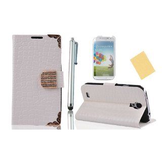 OMIU(TM)Special Corner Design Quality Wallet Leather Carry Case Cover with Credit Card Holders Fit for Samsung Galaxy S4 I9500(White), With Luxury Rhinestones Closure Button, Stand View Function, Sent Screen Protector+Stylus+Cleaning Cloth: Cell Phones &am