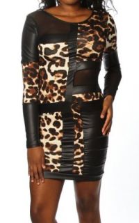 Pinkclubwear Animal Print Faux Leather and Mesh Insert Long Sleeve Mini Dress Leopard Small at  Womens Clothing store