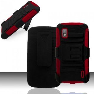For LG Nexus 4 E960 (T Mobile)   Heavy Duty Armor Style 2 Case w/ Holster   Black/Red AM2H: Cell Phones & Accessories