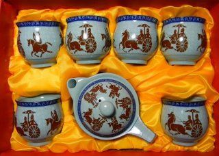 Traditional Chinese Tea Set with Stallion Design Set 9 Pcs W. Unique Silk Gift Box: Tea Services: Kitchen & Dining