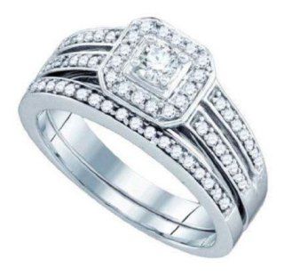 0.5 cttw 14k White Gold Diamond Bridal Engagement Ring Set Matching Wedding Band Ladies 2 Piece Wedding Rings (Real Diamonds: 1/2 cttw, Ring Sizes 4 10): Jewelry