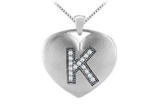 Heart initial K diamond pendant in 14k white gold 0.15 carat diamonds: LOVEBRIGHT: Jewelry