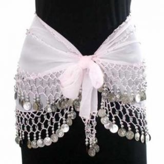 WHITE & SILVER DANGLING COINS BELLY HIP DANCE WRAP BELT: Clothing