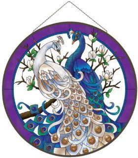21.5" White and Blue Peacocks Hand Painted Glass Wall or Window Art Panel   Stained Glass Window Panels