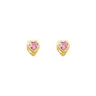 14K Yellow Gold 4mm Heart Bezel Set October CZ Birthstone Stud Earrings for Baby and Children (Pink Tourmaline, Light Pink): The World Jewelry Center: Jewelry