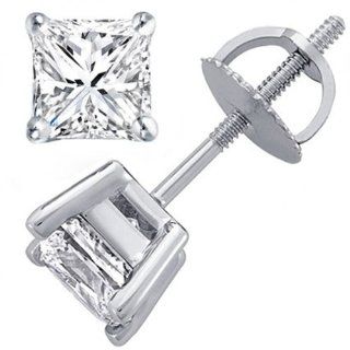 0.93 Carat (ctw) 14K White Gold Princess Diamond Ladies Stud Earrings Jewelry