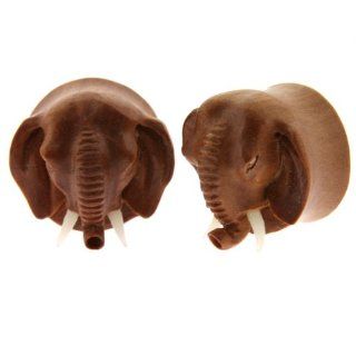 Organic Ear Plugs with Good Luck Thai Elephant Carved in Zapotillo Wood with Bone Tusks   7/8'' (22mm) Hand Carved Plugs   Sold as a Pair: Body Piercing Plugs: Jewelry