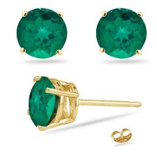 1.30 1.52 Cts of 6 mm AAA Round Russian Lab Created Emerald Stud Earrings in 14K Yellow Gold Screw Backs: Jewelry