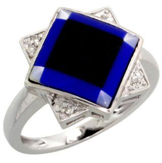 10k White Gold Square shaped Diamond Ring, w/ Brilliant Cut Diamonds, Mother of Pearl, Black Onyx & Lapis Lazuli Gems, 9/16 in. (15mm) wide, size 6: Jewelry