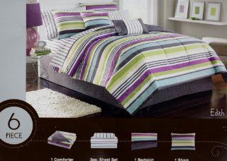 Keeco OZ1008V79MUL Edith Stripe 8 Piece Cotton Complete Bed Set, Twin X Large   Bed In A Bag