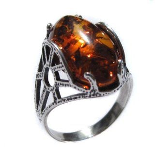 Honey Amber and Sterling Silver Oval Ring Sizes 5, 6, 7, 8, 9, 10, 11, 12: Braslet: Jewelry