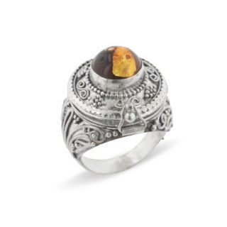Large Genuine Amber Poison Box Sterling Silver Ring Size 8(Sizes 6, 7, 8, 9): Jewelry