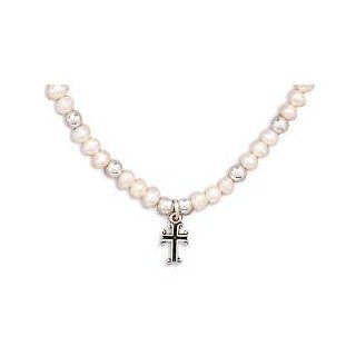 Childrens White Pearl Necklace with Cross Sterling Silver   Made in the USA: Jewelry