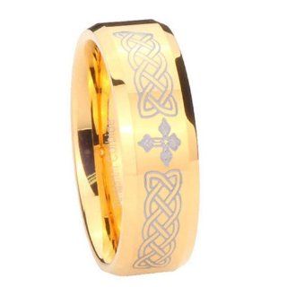 5MM Tungsten Carbide Celtic Cross 14K Gold IP Pipe Cut Engraved Ring Size 4: Wedding Bands: Jewelry