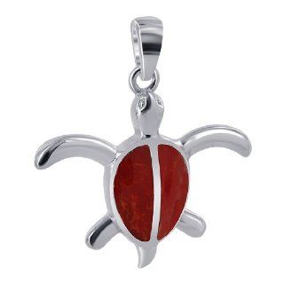 Sterling Silver Coral inlay 23mm x 29mm Sea Turtle Pendant: Jewelry