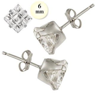 Sterling Silver Stud Earring Aprx 3 Carat Total Weight, 6mm Each Princess Invisible Cut Simulated Diamond Earring. Set on High Quality Stamping Setting with Friction Style Post   Crazy2Shop: Jewelry