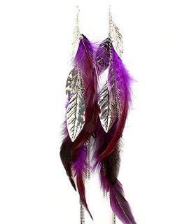 HOT XX Long Purple Feather and Leaf Charm Tri tone Chain Earrings: Jewelry