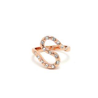 Fashion Rose Gold Tone Metal Letter S Shaped Rhinestone Ring with Clear Rhinestones; 0.75" L; Size 7 only: Jewelry