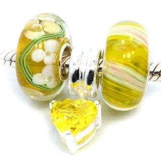 Pro Jewelry (Set of 3) .925 Sterling Silver / Glass / Cubic Zirconia (Yellow) Charm Beads for Snake Chain Charm Bracelets: Charms: Jewelry