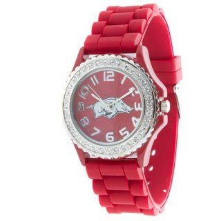 Arkansas Razorbacks Collegiate Watch Red Silicone Watch Band with Crystal Rhinestones Surrounding Arkansas Logo Face. The Fashion Watch Also Features a Stainless Steel Back and Measures Approximately 1.5 Inch in Diameter: Watches