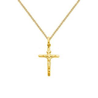14K Yellow Gold Crucifix Cross Charm Pendant with Yellow Gold 1.5mm Flat Open wheat Chain Necklace with Lobster Claw Clasp   Pendant Necklace Combination (Different Chain Lengths Available) Jewelry