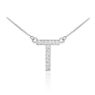 14k White Gold Diamond Letter T Initial Pendant Necklace, 16" Jewelry