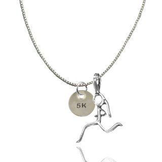 Sterling Silver 5K Hand Stamped Pendant and Stick Figure Runner Charm Necklace  Box Chain 16": Jewelry