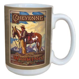 Tree Free Greetings 79423 Cheyenne Wyoming Cowboy by Paul A. Lanquist Ceramic Mug with Full Sized Handle, 15 Ounce, Multicolored: Kitchen & Dining