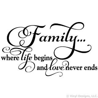 Family Where Life Begins and Love Never Ends Quote Vinyl Wall Decal Sticker Art, Home Decor, Black  