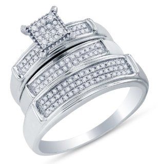 10K White Gold Prong Set Round Brilliant Cut Diamond Mens and Ladies Couple His & Hers Trio 3 Three Ring Bridal Matching Engagement Ring Wedding Band Set   Square Princess Shape Center Setting   (.37 cttw.)   SEE "PRODUCT DESCRIPTION" TO CHOO